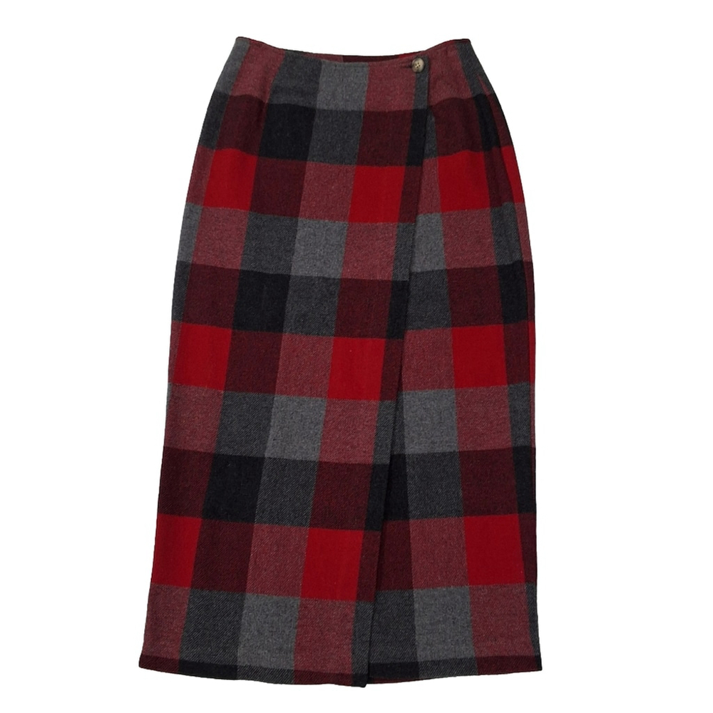 ✨2/$25 Old Navy~Women VTG 90 Long Wrap Skirt~Red Black Buffalo Plaid~Wool~4 - Picture 2 of 6